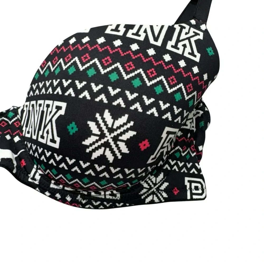 Victoria's Secret PINK Womens Bra 32C Black Fair Isle Christmas Lightly Lined